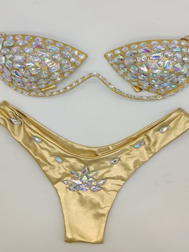 Women's Swimwear Bikini Swimsuit 2024 For Women Summer Beach Shiny Crystal Padded Push Up Bikinis Thong Bathing Sets Outfits Gold