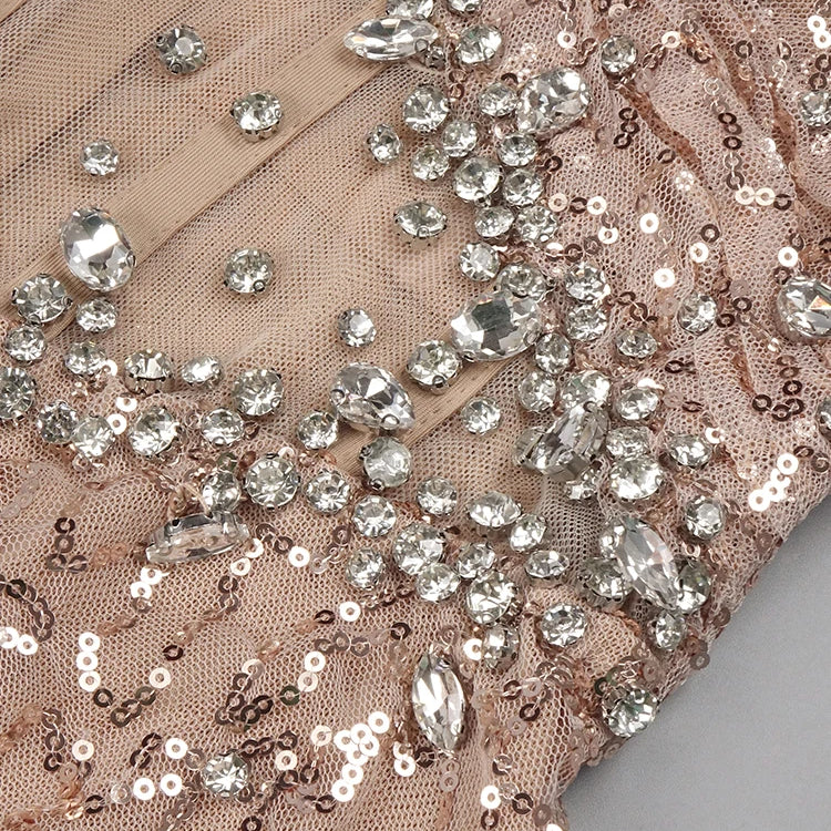 Beige Sequins Strapless Long Dress Backless See Through Mesh Crystal High Slit Celebrity Party Evening Gowns With Gloves