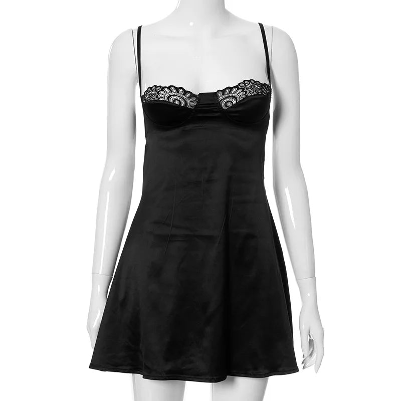 NEONBABIPINK Sexy White Lace Trim Satin Sundress Fairycore Backless Low Cut A Line Mini Dresses for Women Summer N85-CF11 black