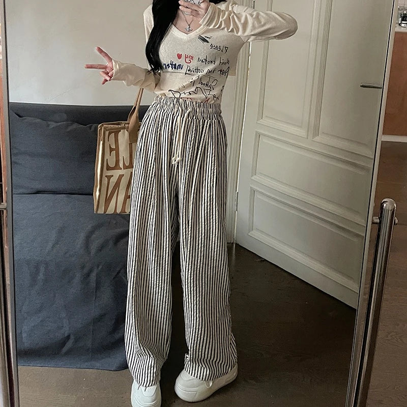Spring Striped Straight Leg Pants Women Japan Style Full Length Drawstring Casual Versatile Office Lady Daily Trousers Female Striped