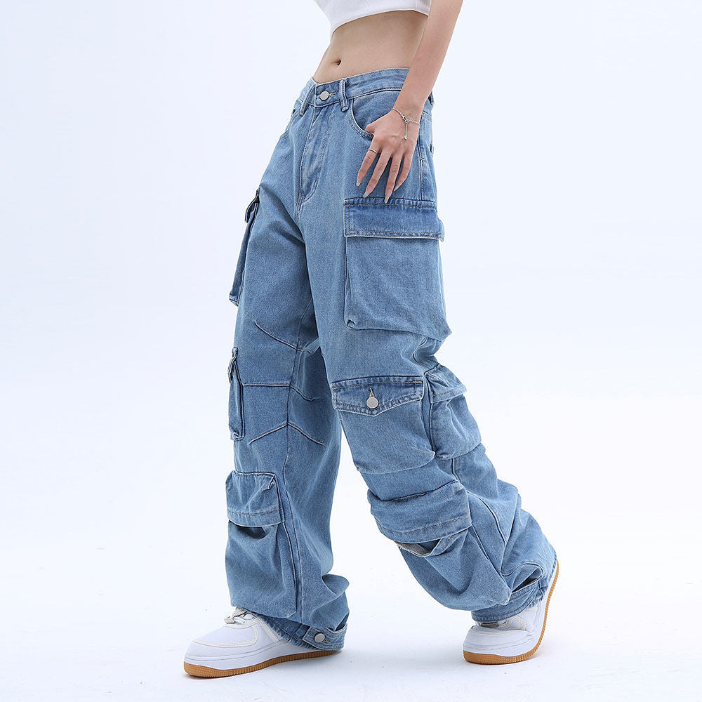 Pocket Solid Color Overalls Jeans Women's Y2K Street Retro Loose Wide-Leg Overalls Couple Casual Joker Mopping Jeans Pants Women