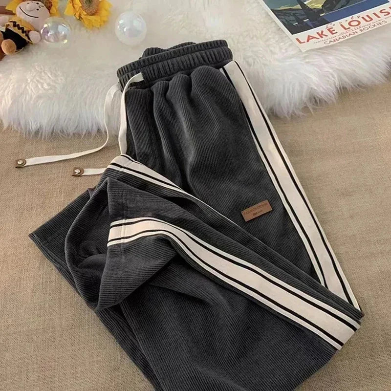 Corduroy Striped Sweatpants Women Streetwear Thick Wide Leg Pants Y2K Harajuku High Waist Joggers Korean Baggy Trousers DarkGrey