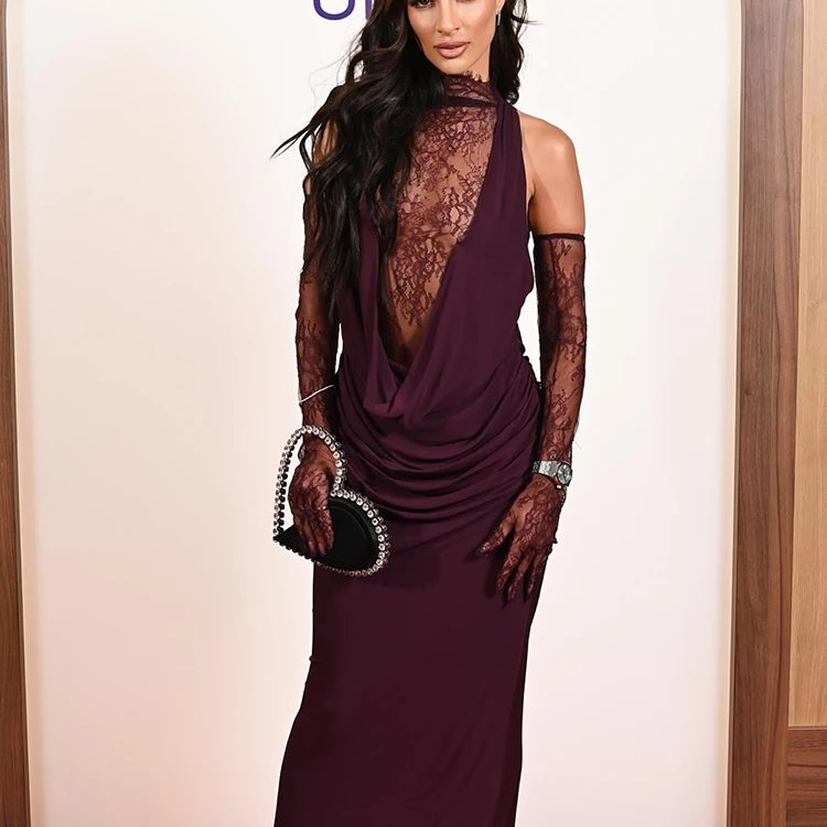 Sexy Turtleneck Lace Patchwork Long Dress Women Sleeveless Backless Pleated Celebrity Evening Party Gowns with Gloves