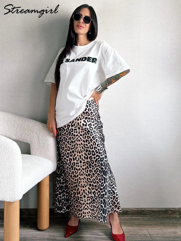 Long Leopard Print Skirts Women Satin Summer Office Elegant Maxi Zipper Skirt Satin Silk Fashion Fishtail Skirt Women Summer