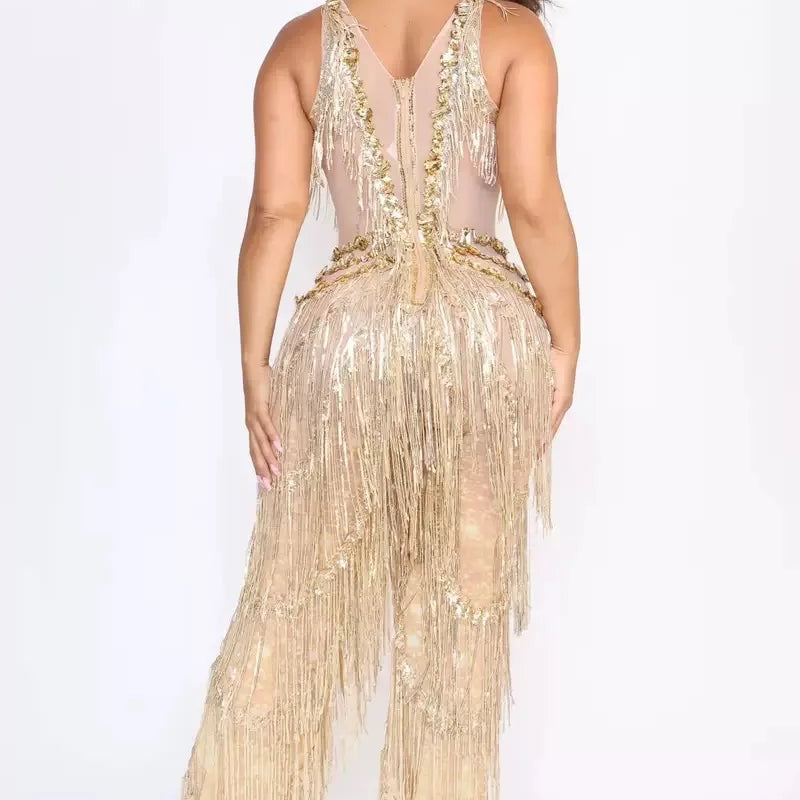 Golden Sequins Tassle Sexy V-Neck Hollow Out Jumpsuit Fashion Woman Woman Party Outfit Stage Performance Costume