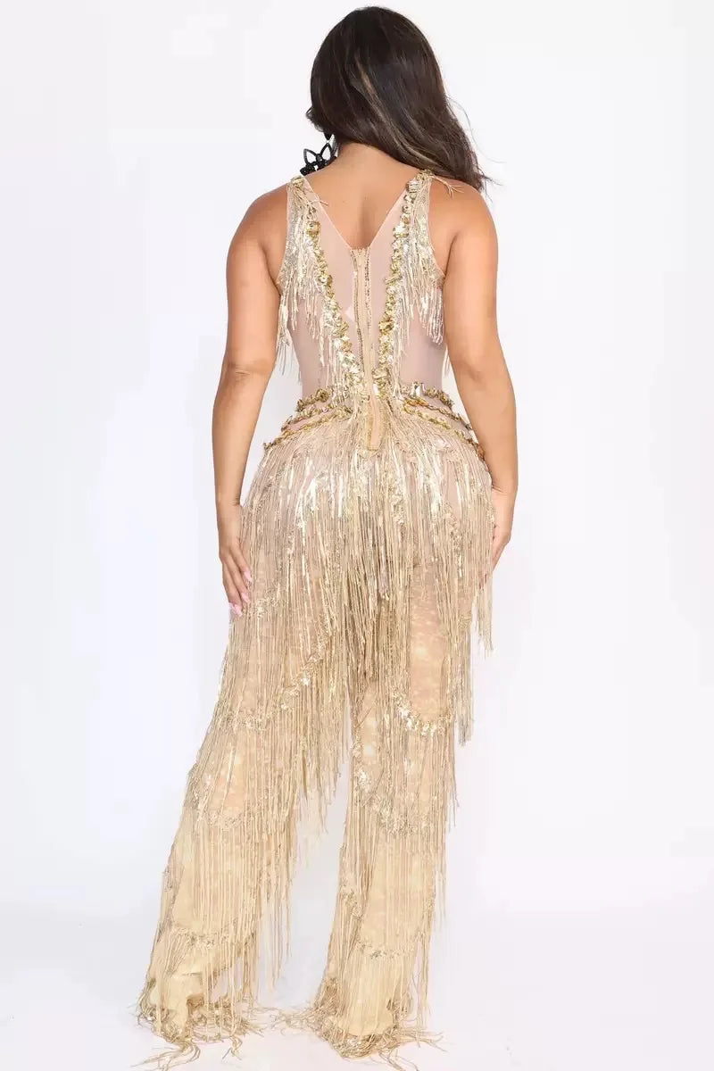 Golden Sequins Tassle Sexy V-Neck Hollow Out Jumpsuit Fashion Woman Woman Party Outfit Stage Performance Costume