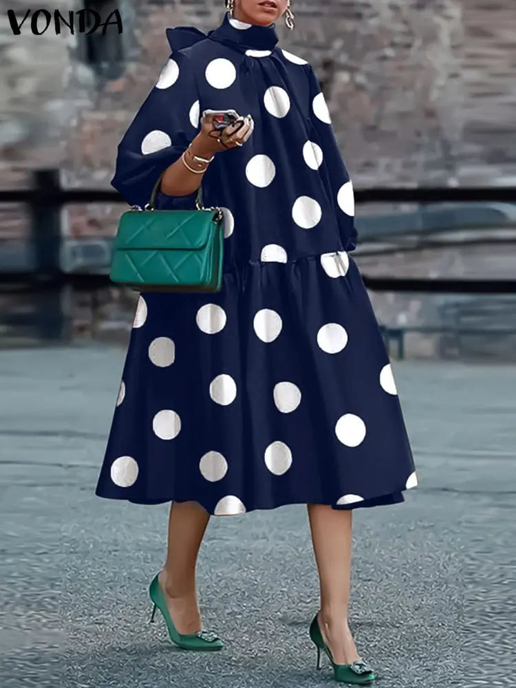 Women Bohemian Maxi Dress 2023 VONDA Fashion Sexy Printed Party Sundress Beach Holiday Dress Oversized Vestidos Femme A-Dark Blue