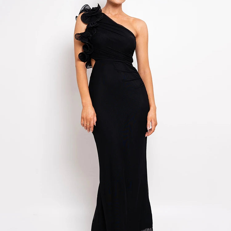 Mozision Shoulder Floral Mesh Ruched Sexy Maxi Dress For Women Gown Oblique Shoulder Sleeveless Backless Bodycon Long Dress black