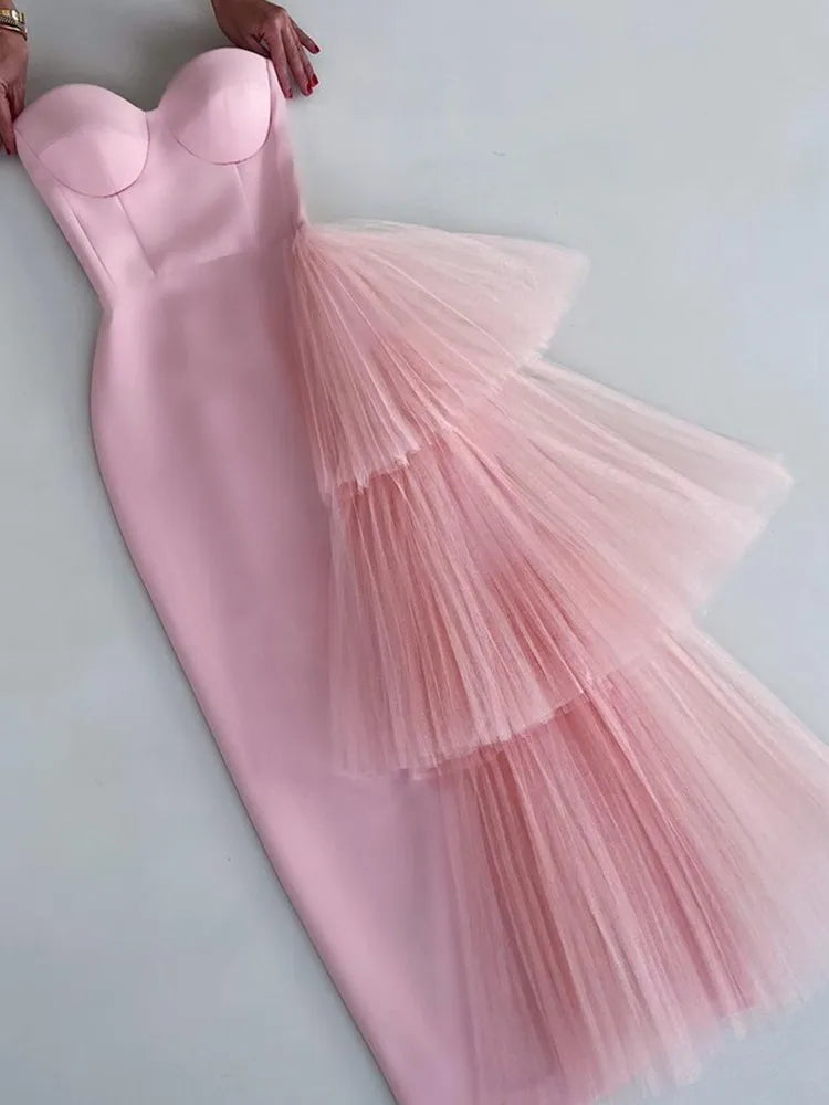 New Pink Color Women Strapless Sexy Ruffles Bodyocn Mid-calf Dress Rayon Bandage Celebrate Birthday Party Dress Wholesale Pink