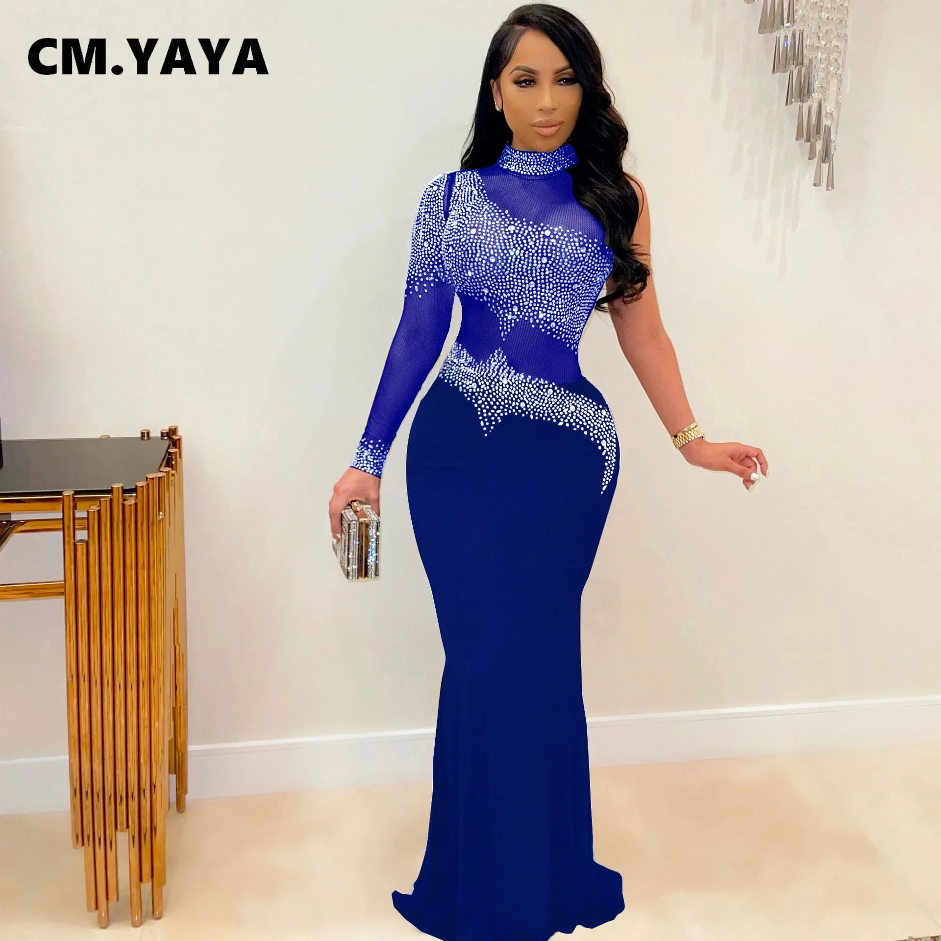 Women Diamonds Hot Rhinestones Bodycon Midi Maxi Mermaid Dress Elegant Sexy Party Club One Long Sleeve Long Dresses Blue