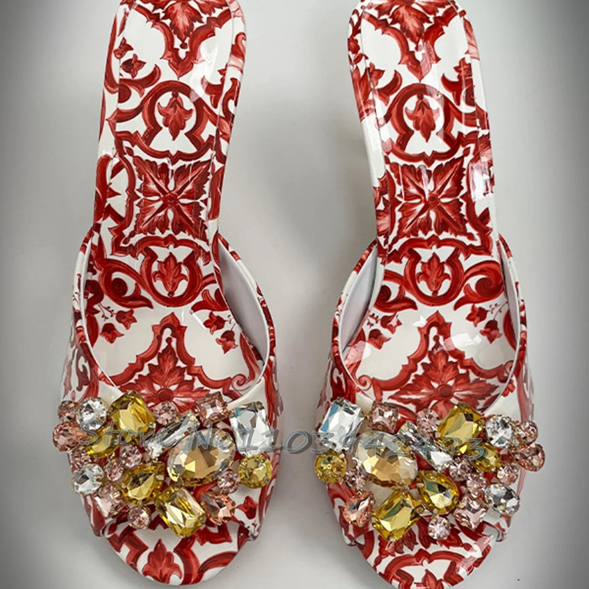 Elegant Summer Women's High Heel Baroque Print Jeweled Slides Sandals Baroque Fashion Crystal Embellished Open Back Shoes 2025