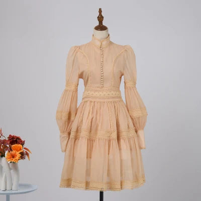 Runway Designer Embroidery Lace Patchwork Party Night Dress High Lantern Sleeve Stand A Line Vintage Elegant Dress dark apricot