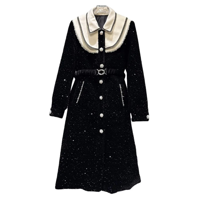 Winter New Elegant Temperament Pearl Edge Shawl With Belt Cotton Lined Trench Coat For Women Windbreaker 11A07739