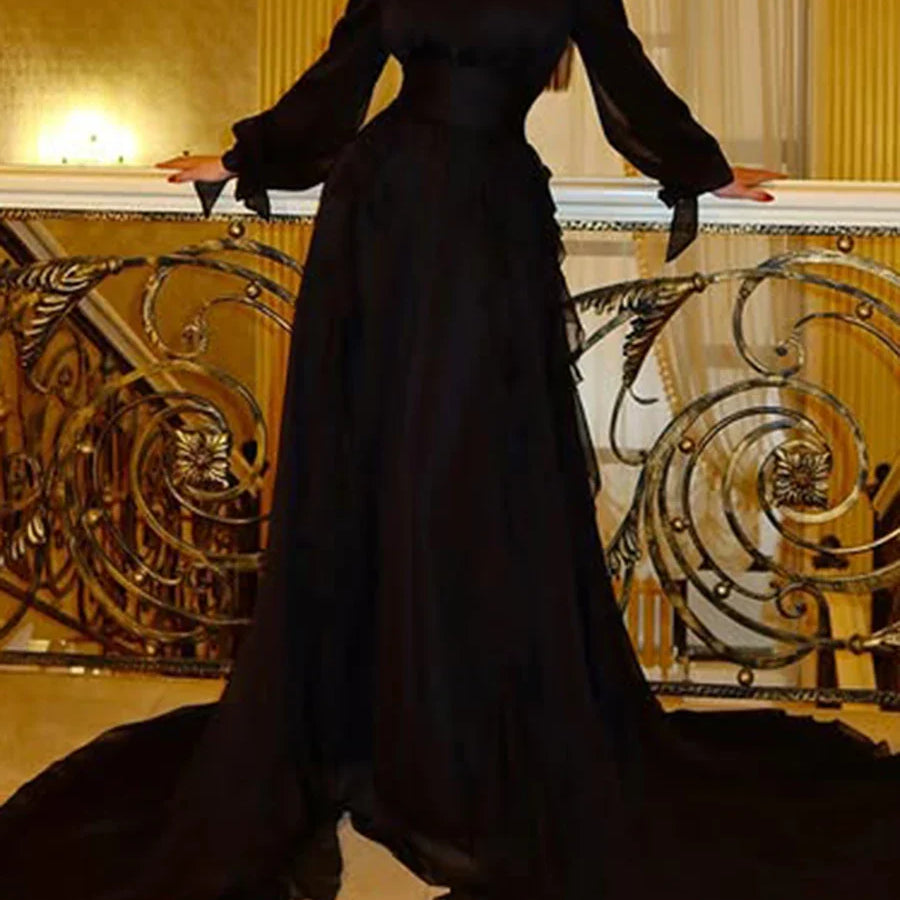 Solid Loose Midi Dresses for Women Round Neck Long Sleeves Patchwork Lace Up Temperament Dress Female Clothing New BLACK