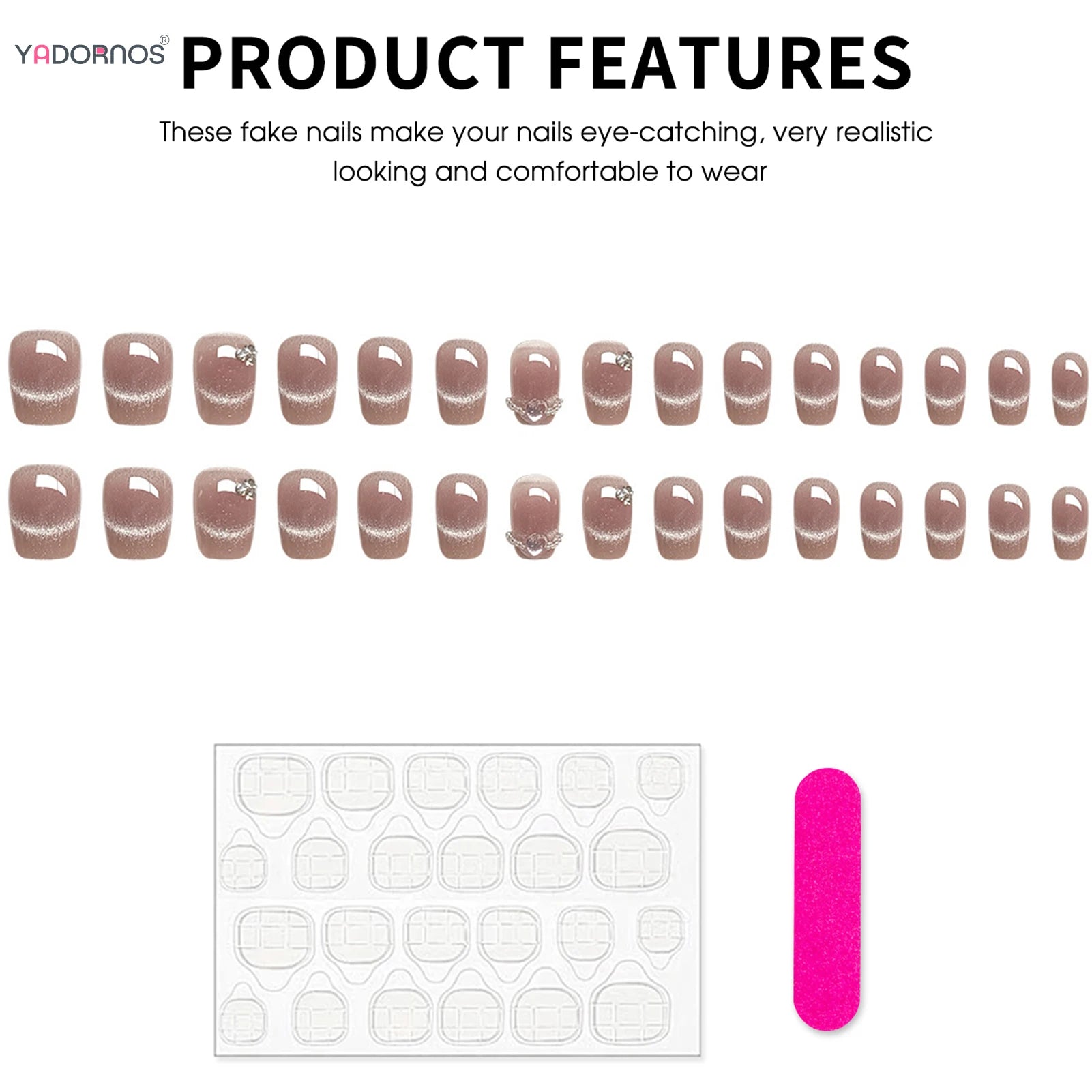 30Pcs Glossy Cat's Eyes Fake Nails Short Ballet Press On Nails Shiny Diamond Decor Sweet Girls Charm Manicure Nails Supplies