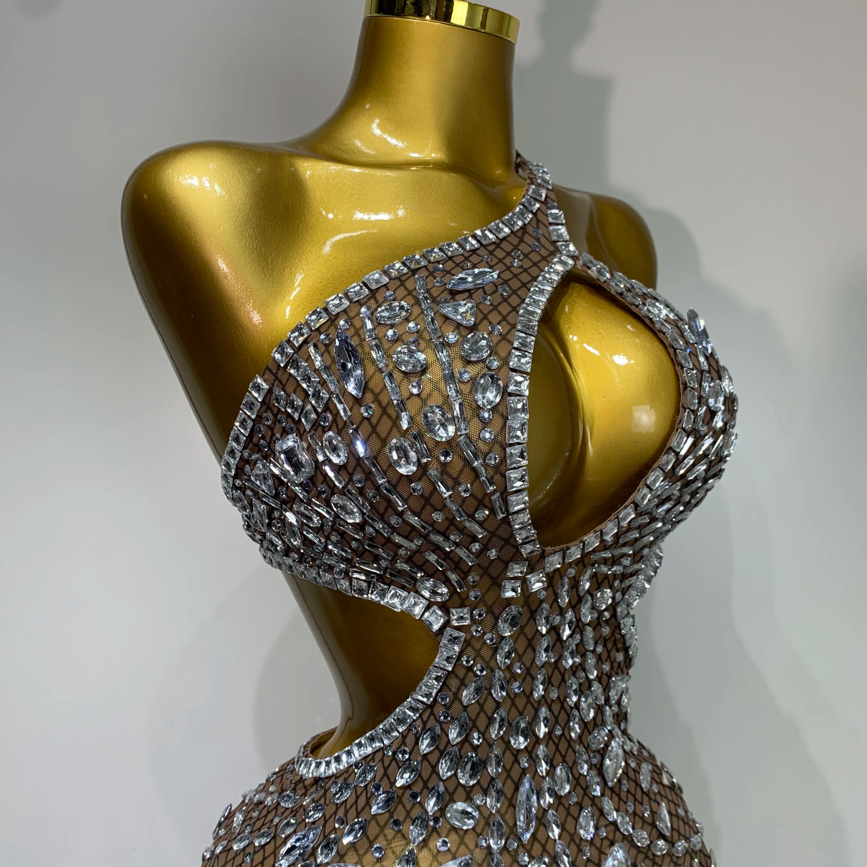 Sexy Sparkly Diamond Backless Short Dress 2025 Women Sleeveless Mesh See Through Evening Birthday Gown Singer Stage Outfit