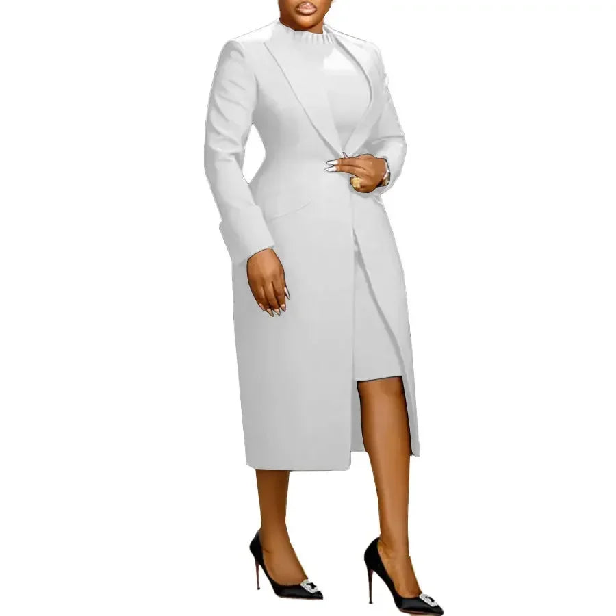 Women's Set Full Sleeve Long Blazer Coat+ Long Dress Suit 2025 Winter Streetwear Two 2 Piece Set Africa OL Work Outfits White