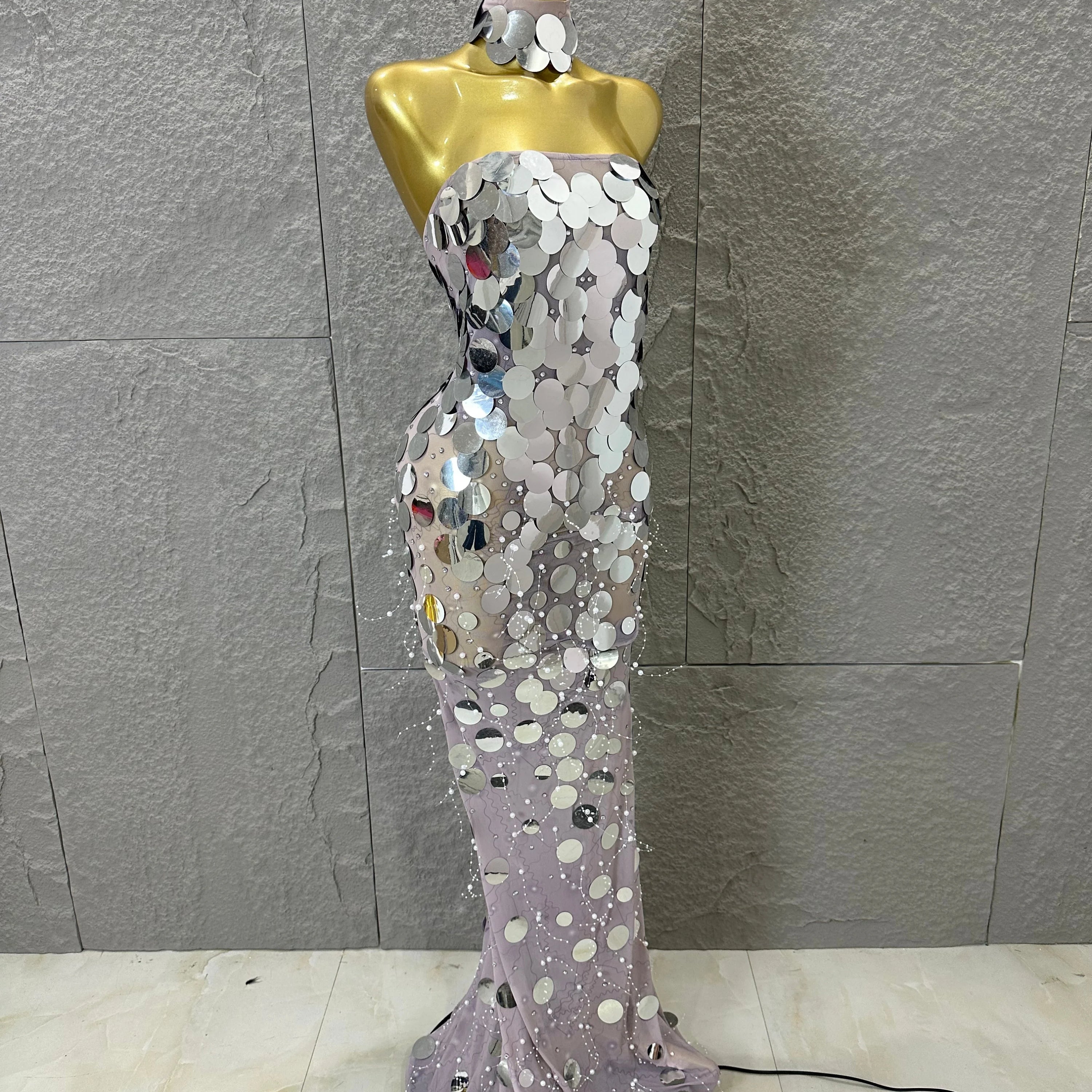 Opulent Silver Gold Sequin Maxi Dress Women Sexy Strapless Sheer Mesh Beaded Trim Bodycon Outfit Evening Gala Party Costume