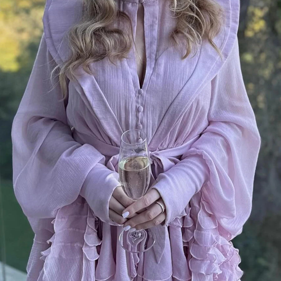 Slimming Spliced Ruffles Folds Dresses for Women Round Neck Long Sleeves Patchwork Button Dress Female Fashion New