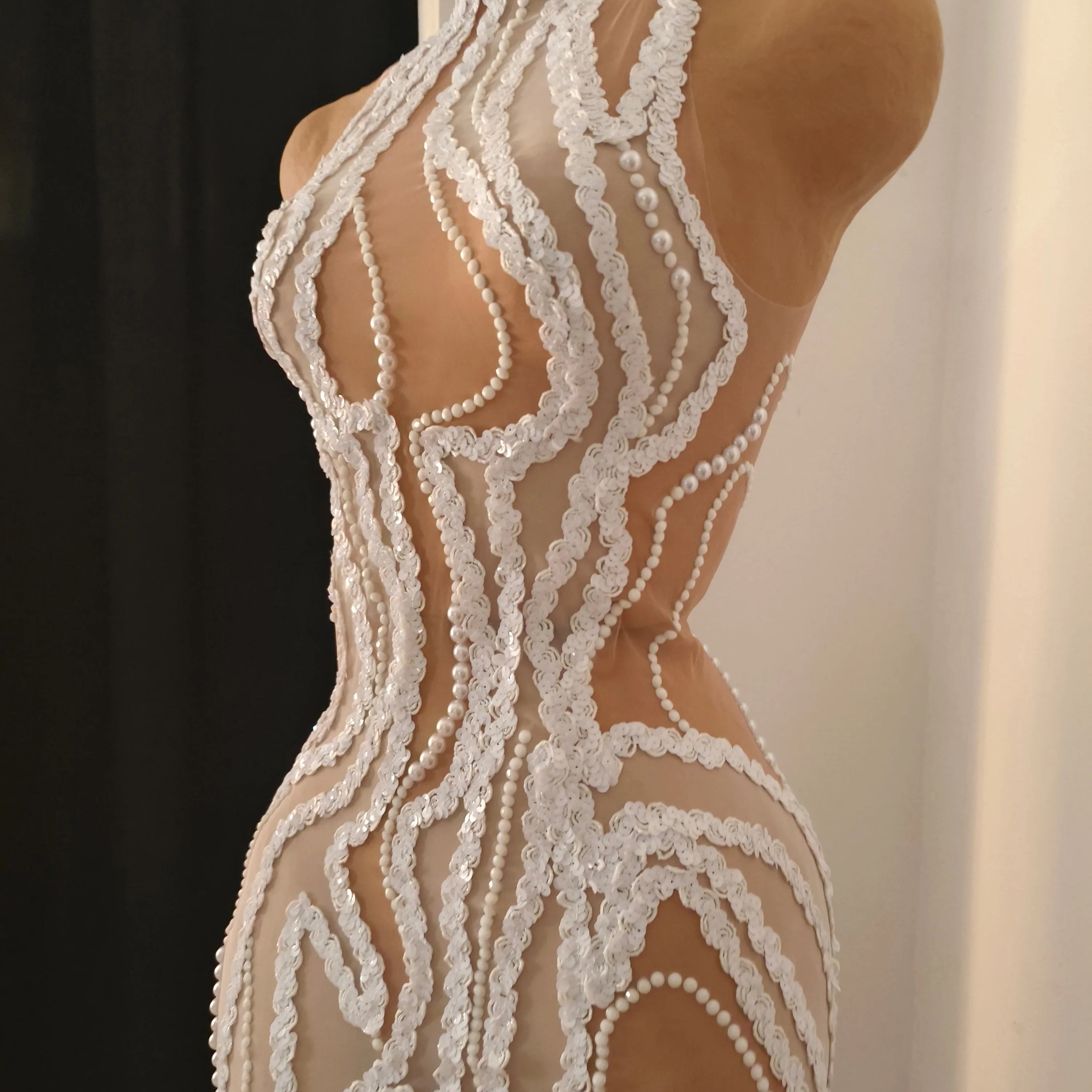 Refined White Sheer Mesh Maxi Dress Women Sexy High Neck Pearl Lace Bodycon Cocktail Nightclub Evening Gala Party Costume