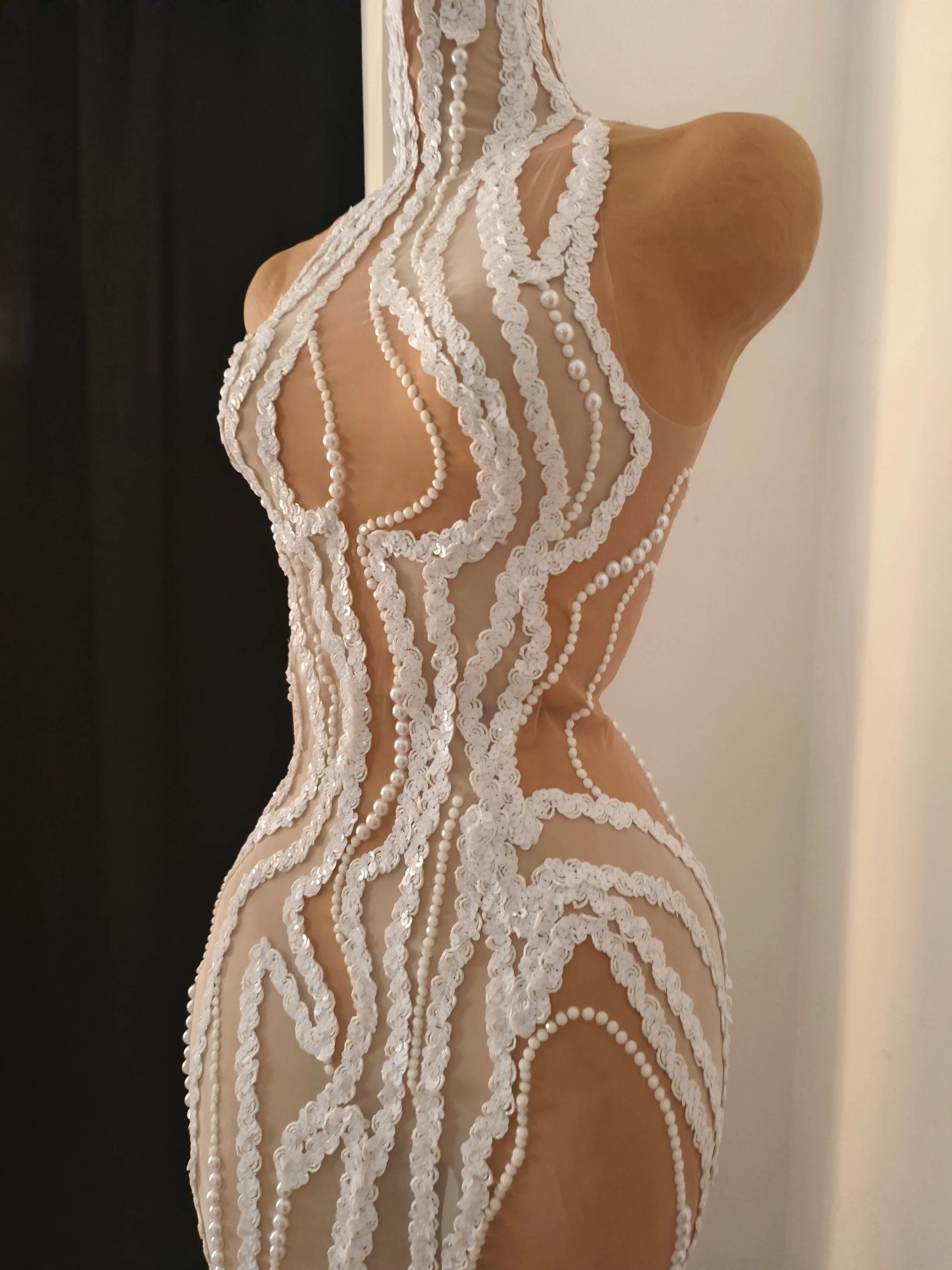 Refined White Sheer Mesh Maxi Dress Women Sexy High Neck Pearl Lace Bodycon Cocktail Nightclub Evening Gala Party Costume