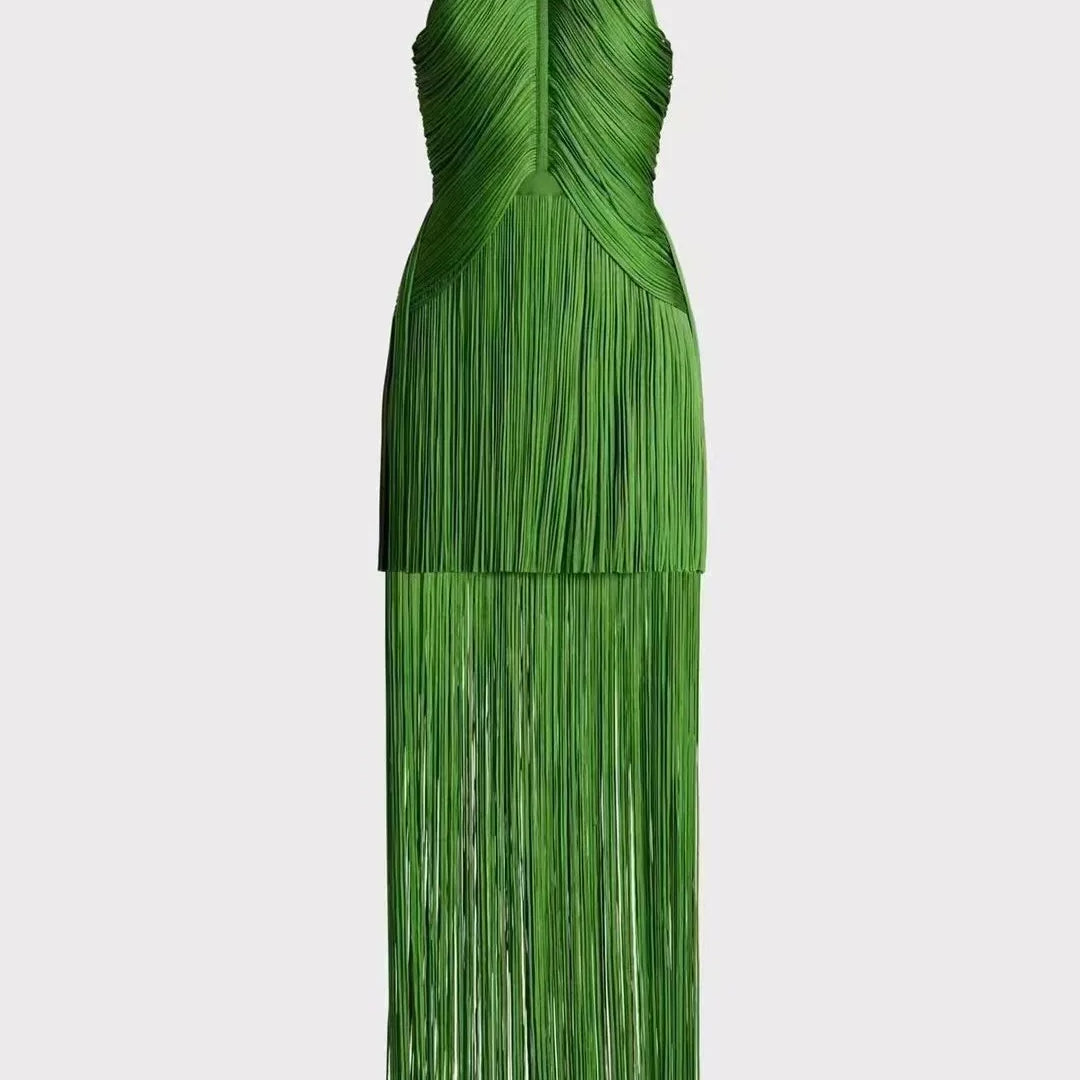 Women Celebrity Luxury Sexy Backless Tassel Green Ankle Length Bodycon Bandage Dress 2024 Elegant Evening Club Party Outfit