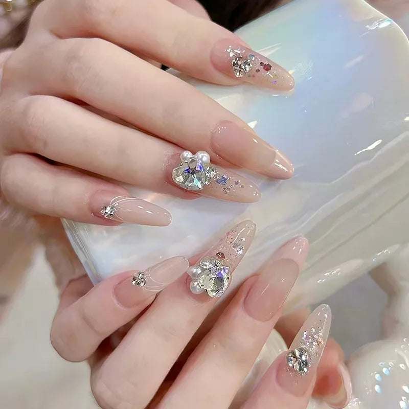 24Pcs Long French Almond Nails Set Press on Simple White Edge Design Fake Nails for Woman Detachable Full Cover False Nails Tips Z1045