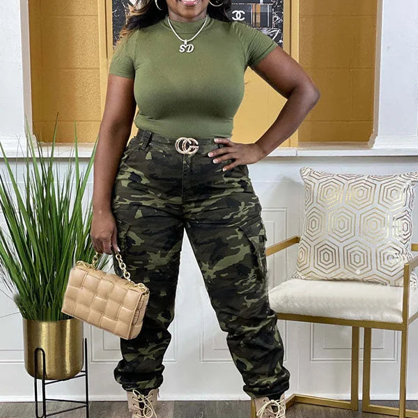 Women’s Camouflage Printed Slim Cargo Pants 2024 Spring/Summer Pocket Jogger Street Fashion Safari Trousers