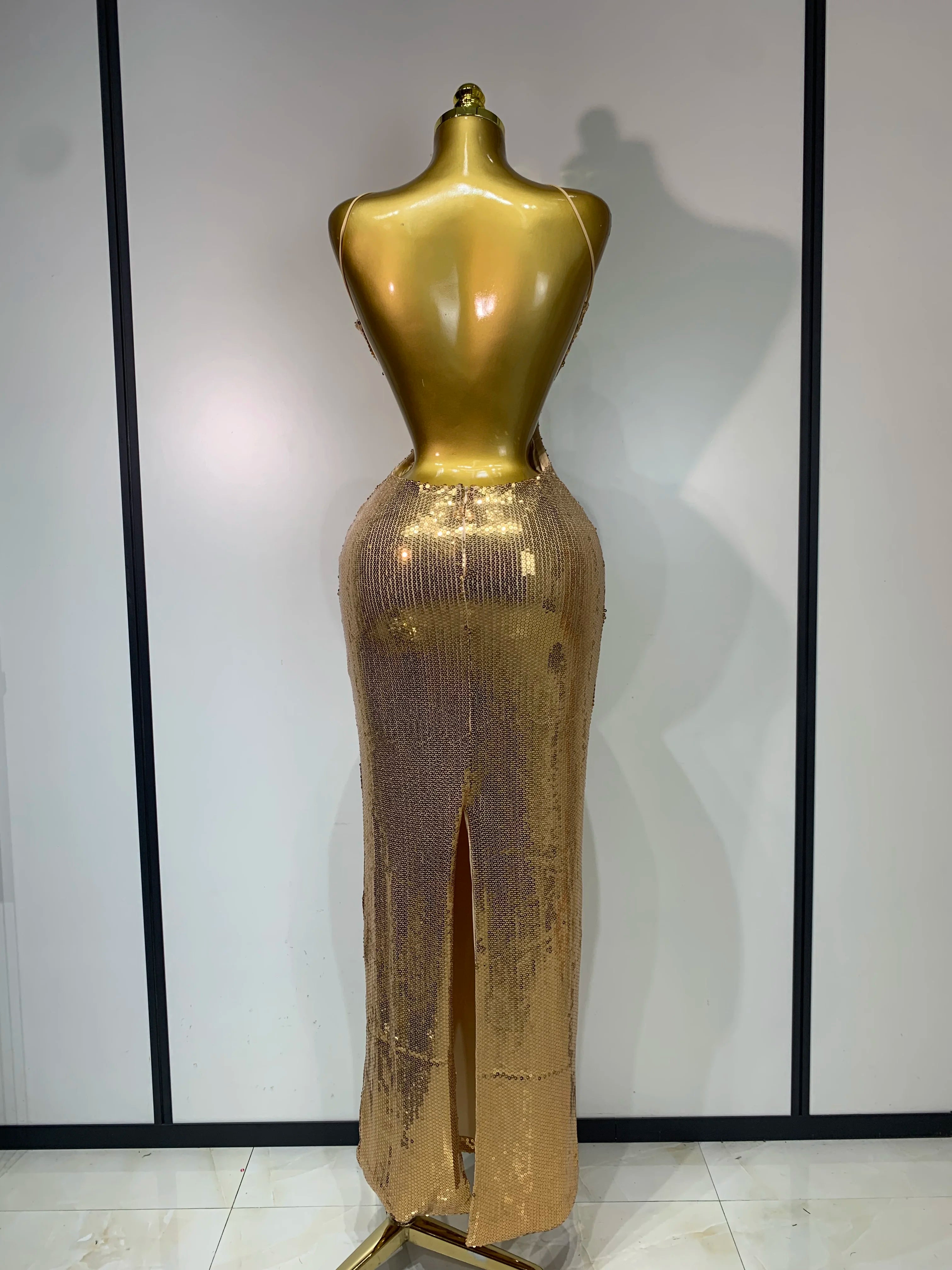 Luxury Sexy Backless Halter Gold Glitter Sequins Maxi Long Dress Elegant Sparkly Evening Party Club Dress Wedding Guest Gown