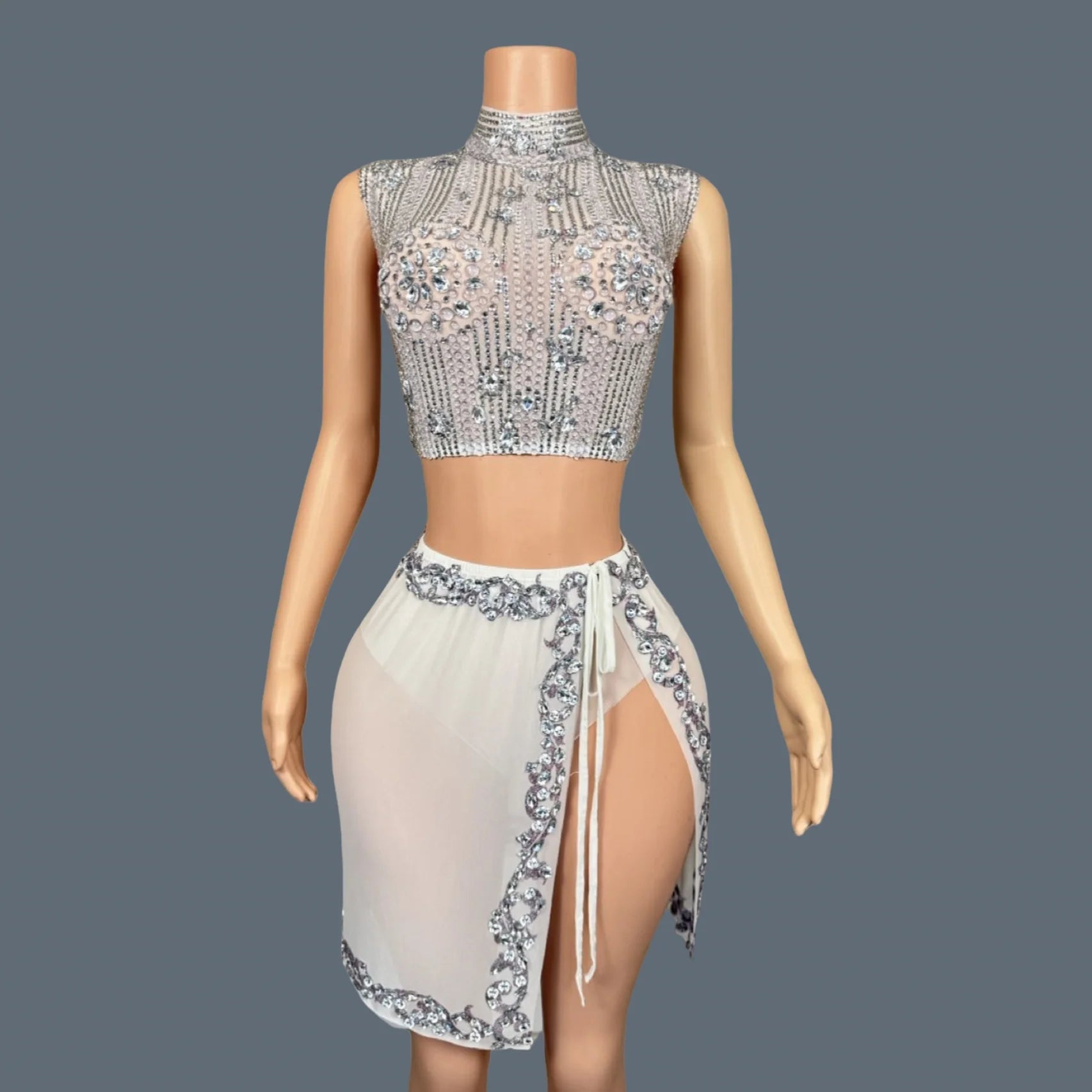 Sparkly Rhinestone Crop Tops Mini Skirt 2Pieces Set Festival Party Mesh Outfit Side Slits Bodysuit Event Dance Sexy Wear Luzhu WHITE