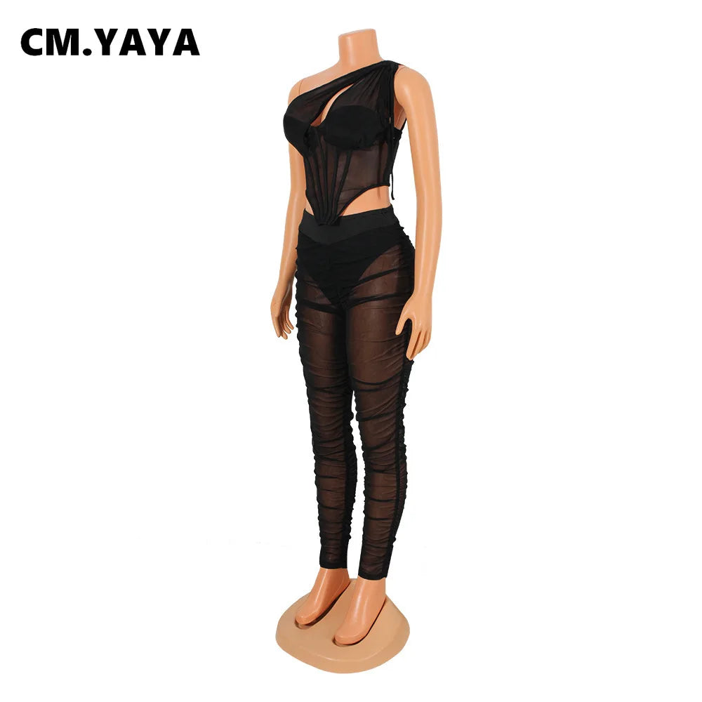 Mesh See Though Women's Set One Shoulder Sleeveless Crop Top and Stacked Pants Suit 2023 Two 2Piece Set Outfit Tracksuit