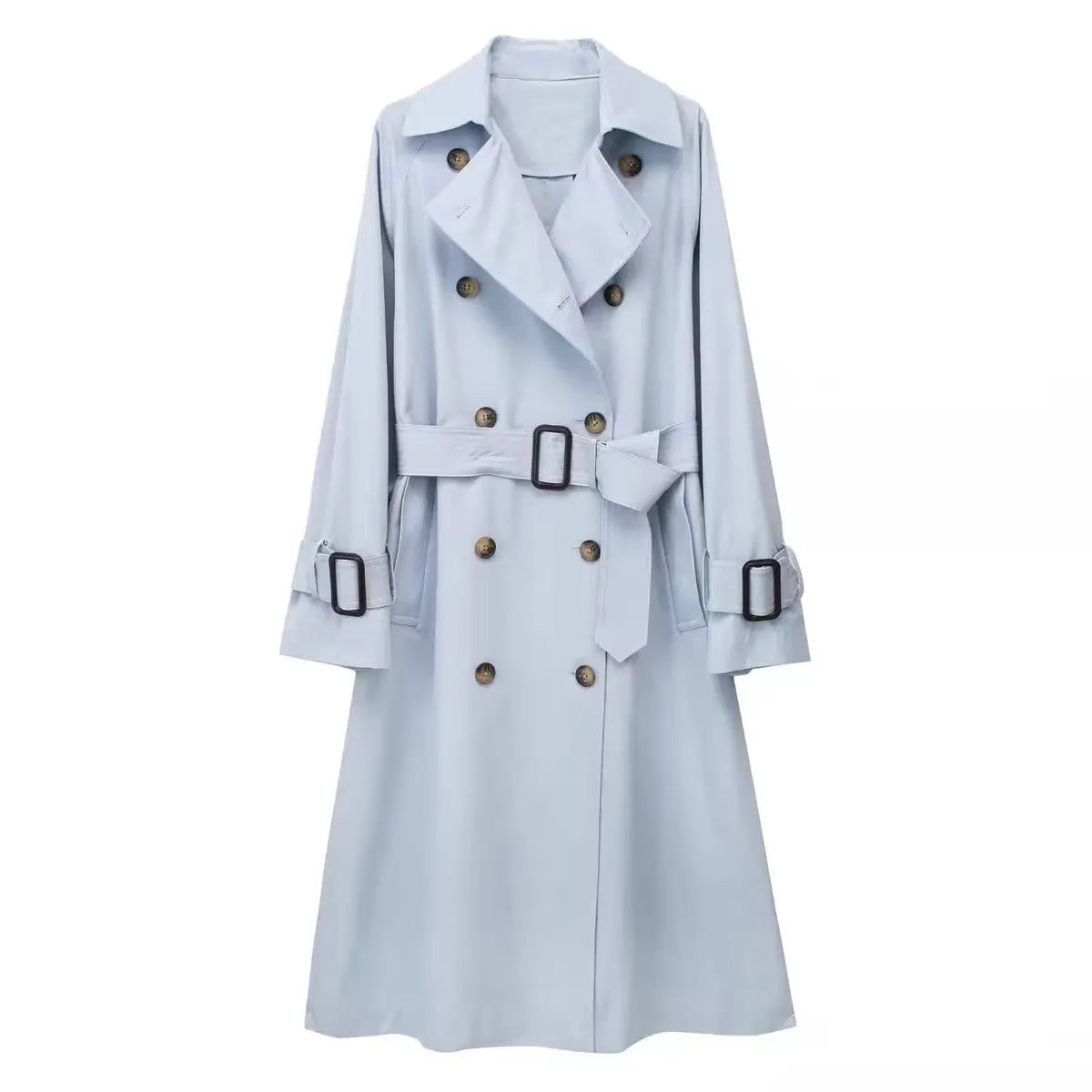 TRAF Autumn Fashion Women's Casual Solid Color Lapel Windbreaker With Pockets Belt Long Sleeves Female Vintage Chic Loose Coat light blue