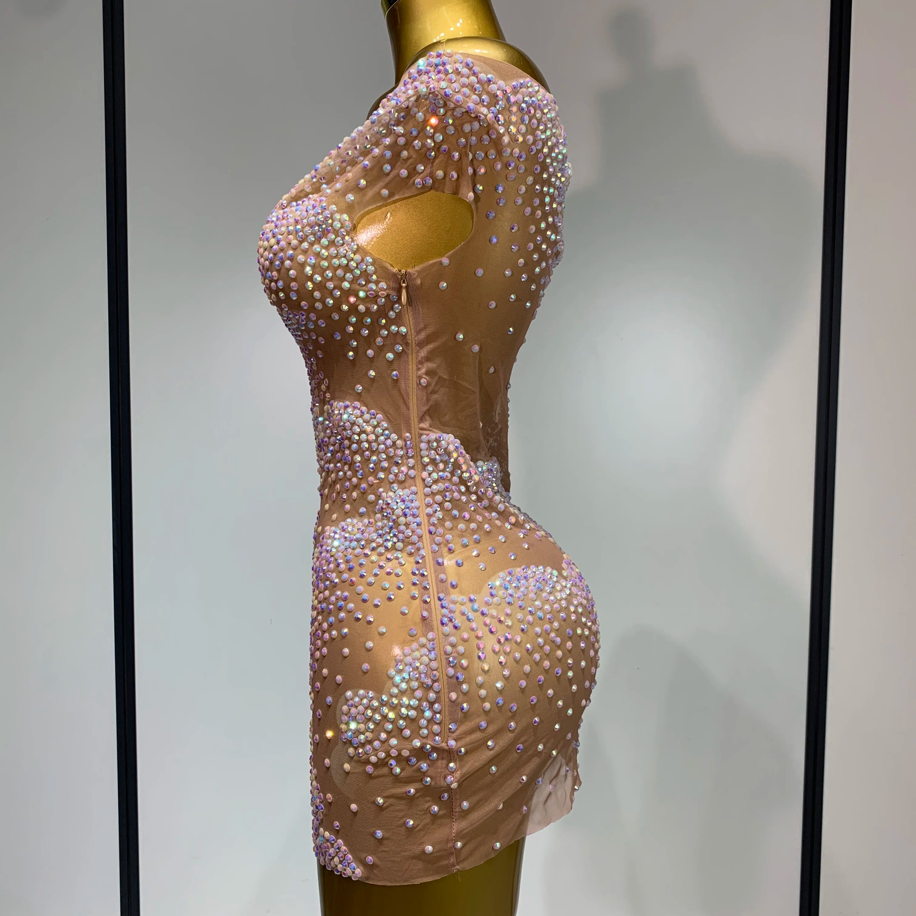 Women Sexy Mesh See Through Mini Dress Celebrate Birthday Evening Party Dress Luxury Rhinestones Stage Performance Costume