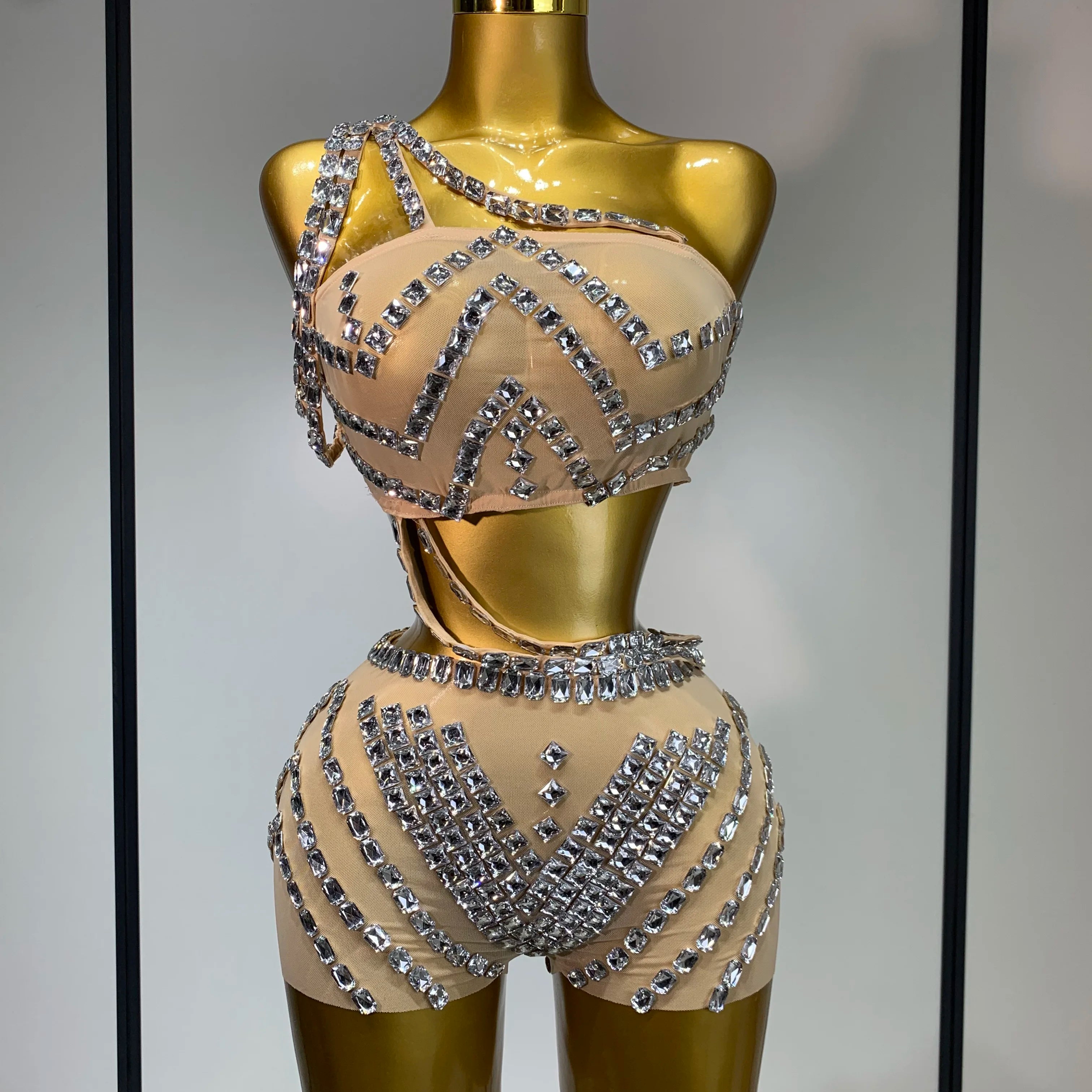 Luxury Diamonds Sexy Mesh Perspective Two Pieces Outfit Performance Dancer Singer Costume Nightclub Women's Set Birthday Wear Style 1
