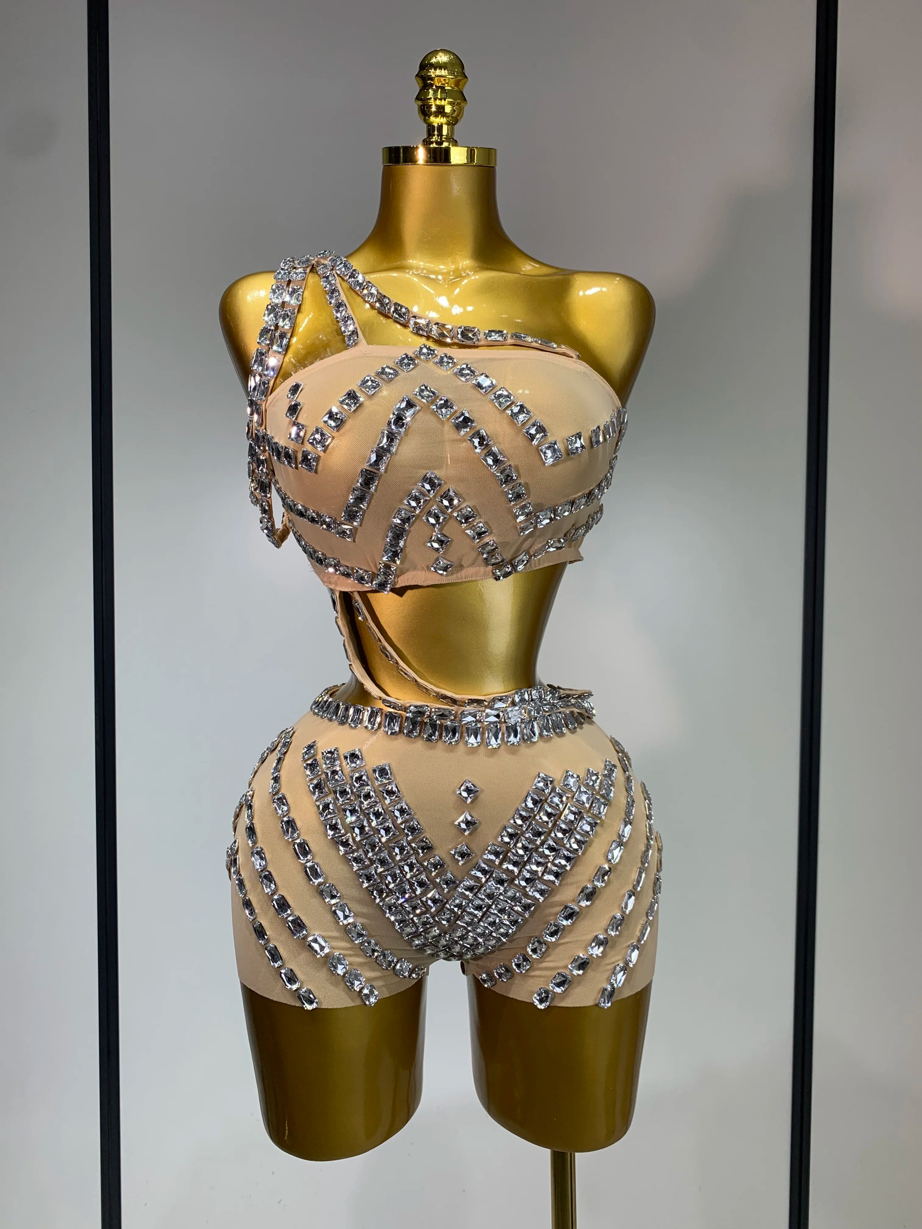 Luxury Diamonds Sexy Mesh Perspective Two Pieces Outfit Performance Dancer Singer Costume Nightclub Women's Set Birthday Wear Style 1