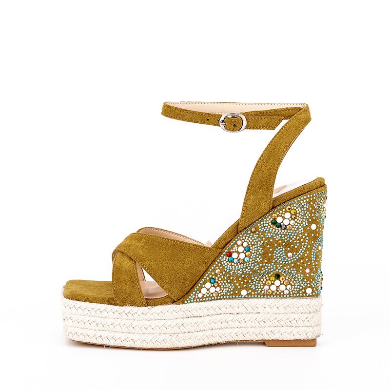 Summer New Suede Thick Bottom Wedge Sandals Round Head Diamond Inlaid Super High Heel Buckle Platform Fashion Sandals