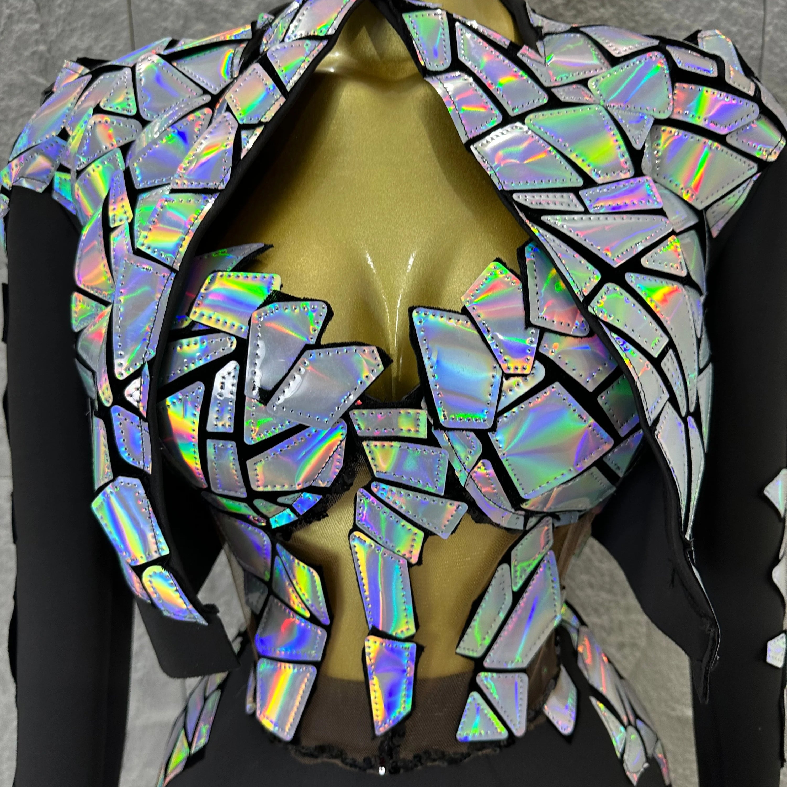 Edgy Black Luxury 3 Piece Set Women Mirror Reflective Patch Cropped Blazer Bralet Skirt Event Showmanship Performance Gown