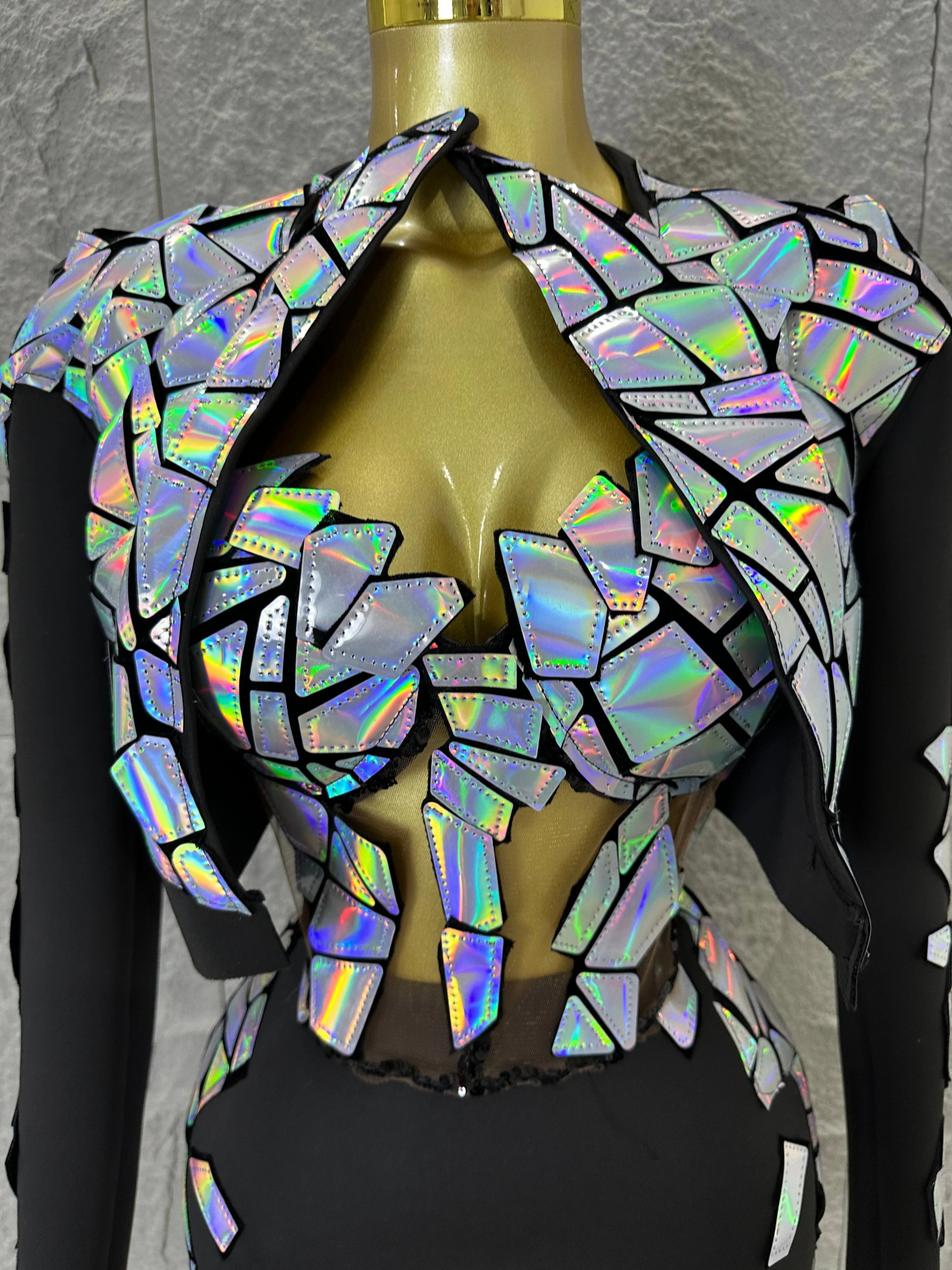 Edgy Black Luxury 3 Piece Set Women Mirror Reflective Patch Cropped Blazer Bralet Skirt Event Showmanship Performance Gown