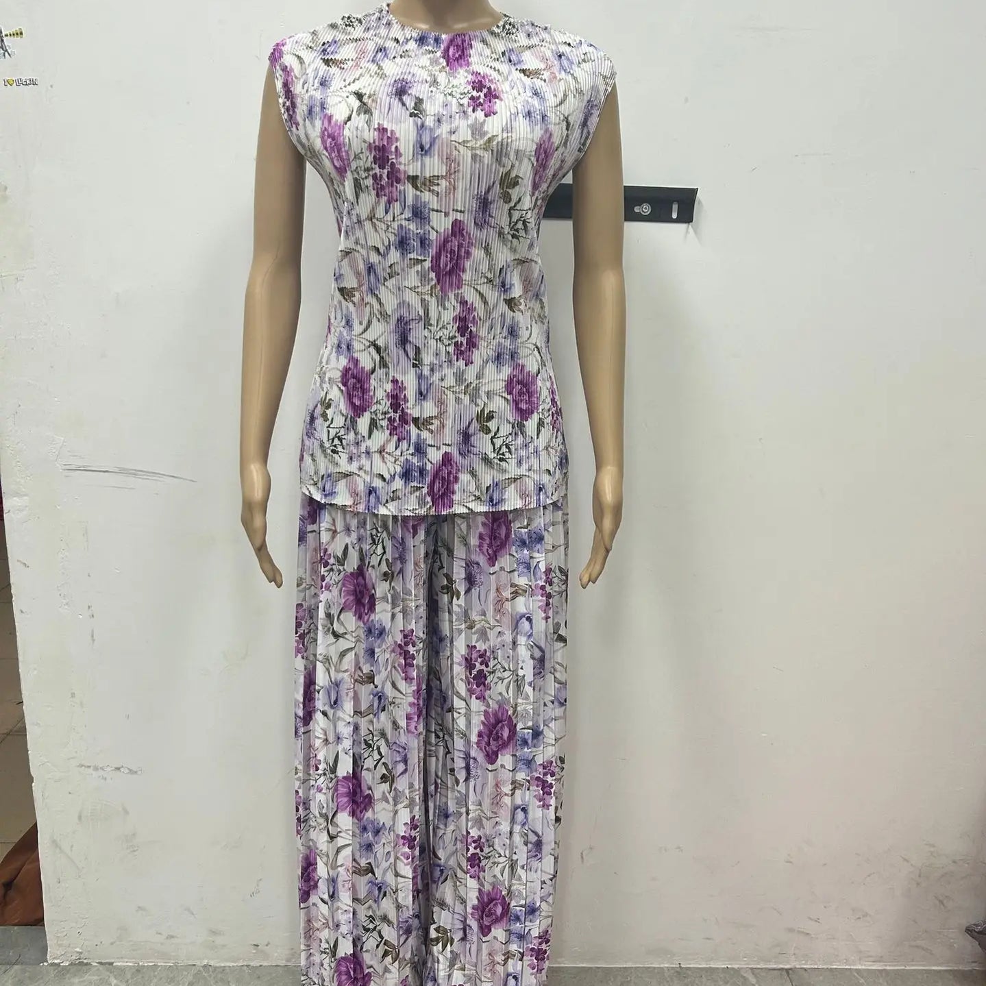 CM.YAYA Women Set Floral Print Short Sleeve Pleated T-Shirt + Wide Leg Pants 2025 Street Sexy Two 2Piece Sets Outfits Tracksuit