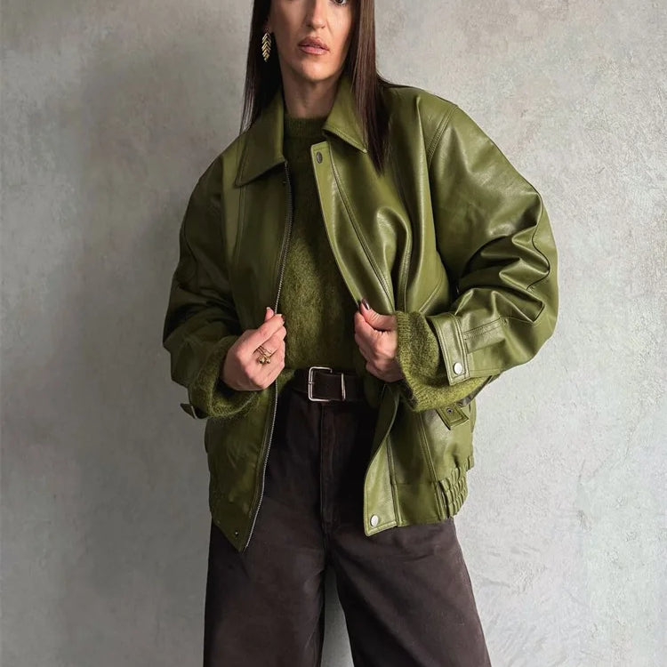 Green PU Leather Jacket Women Retro Laple Zipper Loose Full Sleeve Oversized Coat Female 2025 New Fashion Lady Solid Streetwear