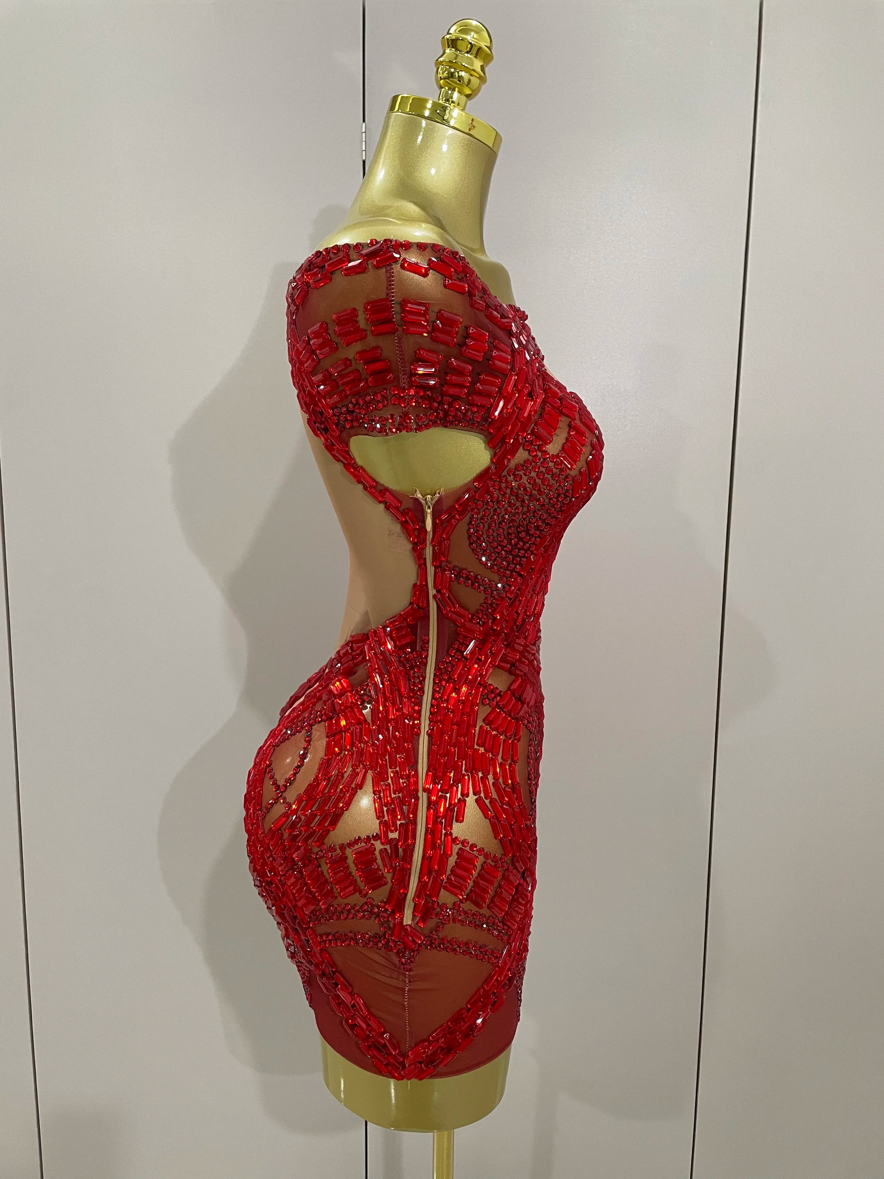 2025 Shining Red Rhinestones Sexy Mesh See-Through Mini Dress Women Celebrate Evening Prom Birthday Party Dress Stage Shoot Wear