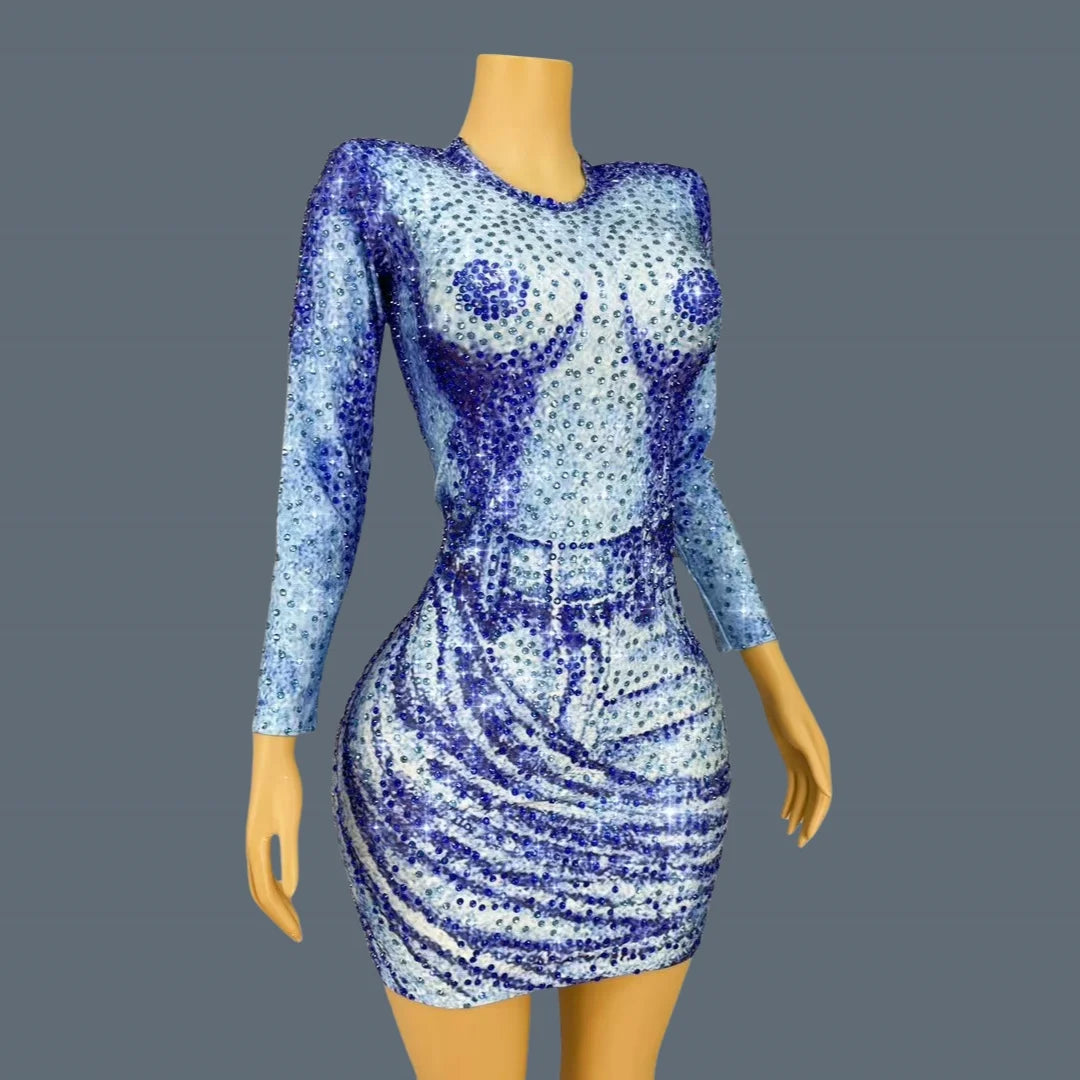 Fashion Sparkly Blue Rhinestones Long Sleeve Mini Dress Club Hot Girls Birthday Party Performance Show Skinny Dress Lanniuzai