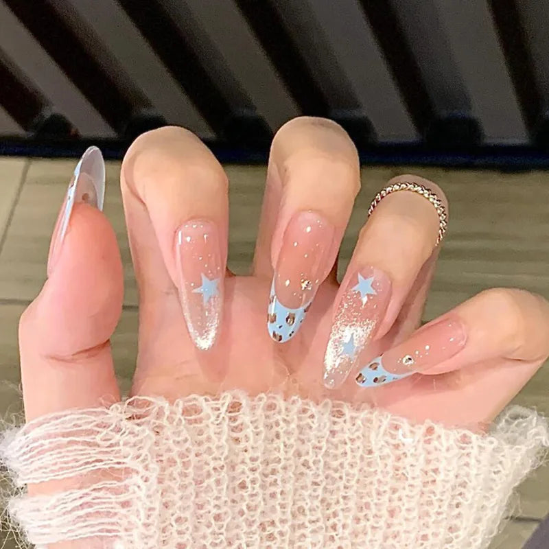 24Pcs Long Gradient Press on Fake Nails Full Cover Butterfly Rhinestone Design Gentle Oval Fashion Nail Detachable Nail Tips Art 1