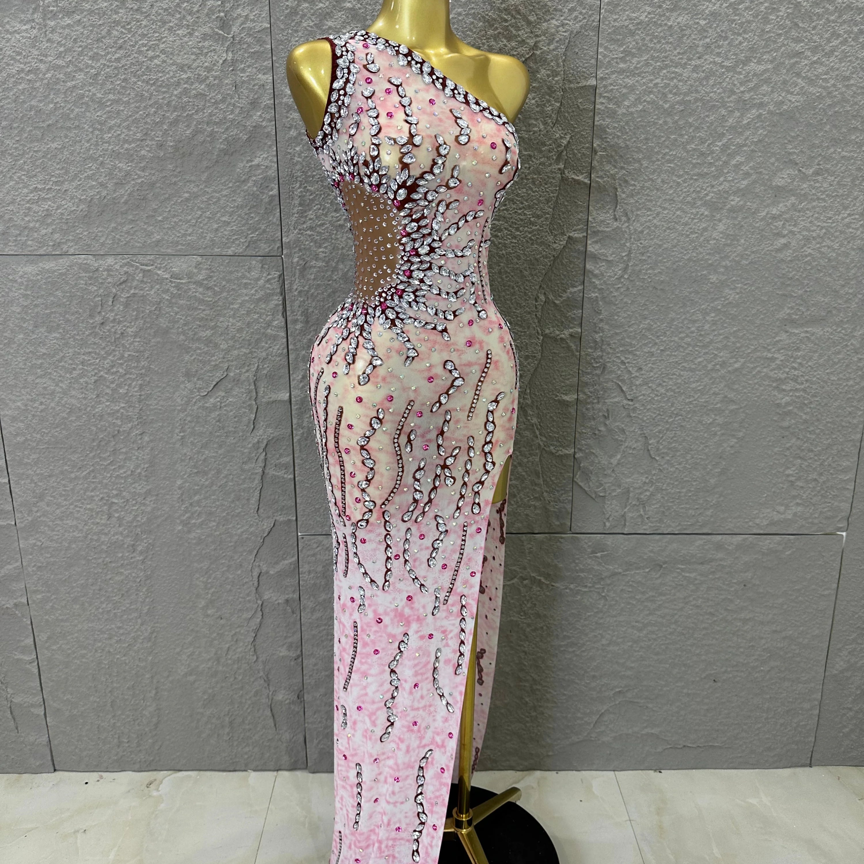 Women Sexy One-Shoulder Crystal Rhinestone Cutout High Slit Sheer Mesh Bodycon Outfit Stage Performance Evening Party Costume