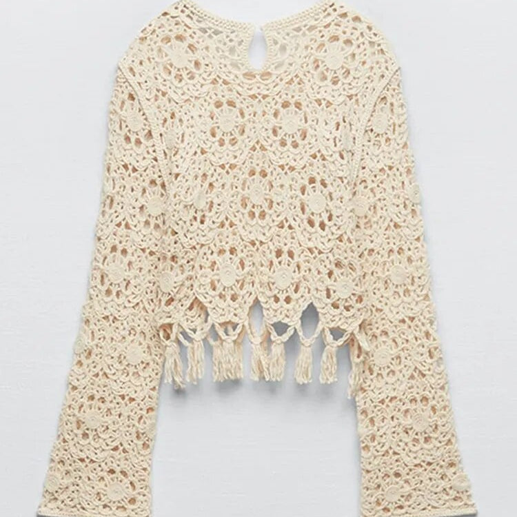 Sweet Hollow Out Women's Knit Tassel Skirt Suit Slim O Neck Long Sleeved Top High Waist Skirts Set 2024 Autumn Lady Chic Outfit Top