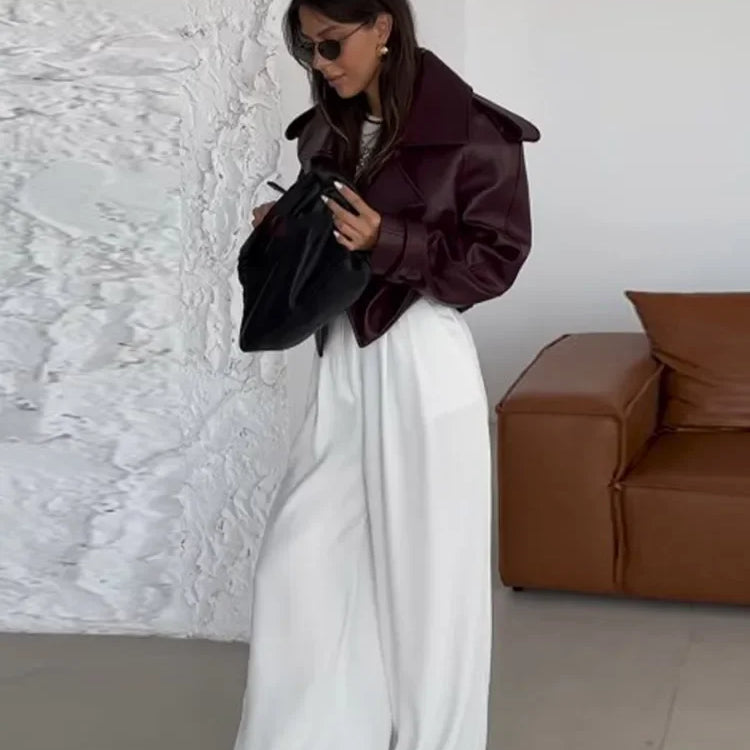 Fashion Burgundy Lapel Leather Jackets For Women Casual Loose Pockets Long Sleeve Coats Autumn Lady High Street Outerwear