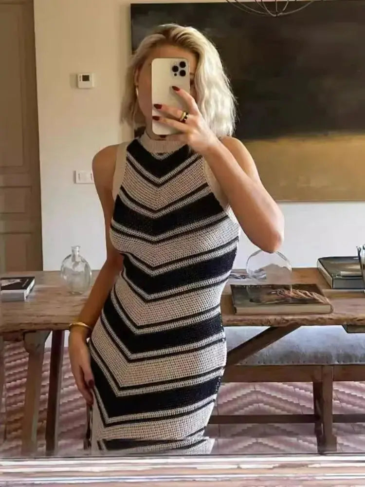 Summer Knitted Beach Dress Women Elegant Fashion Tassel Striped Long Dresses Summer Slim Bohemian Holiday Outfits Beachwear