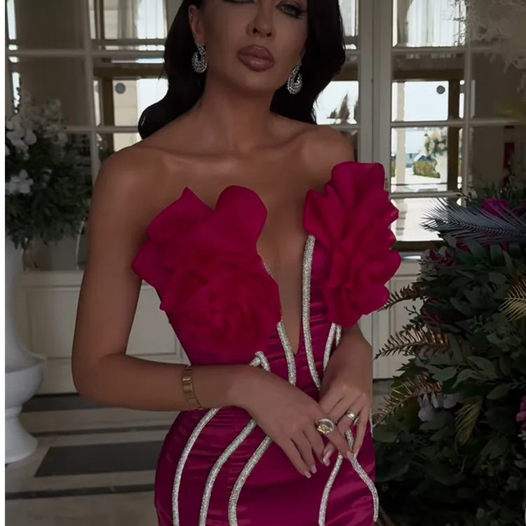 Women Celebrity Sexy Strapless Backless Beading Diamonds Pink Maxi Long Bandage Dress Elegant Evening Club Party Dress