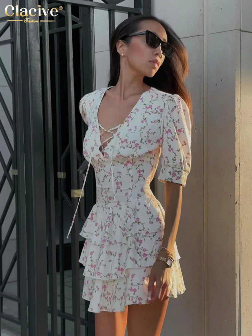 Clacive Summer Slim Print Women's Dress Sexy V-Neck Short Sleeve Mini Dresses Elegant High Waist Pleated Female Dress Beige
