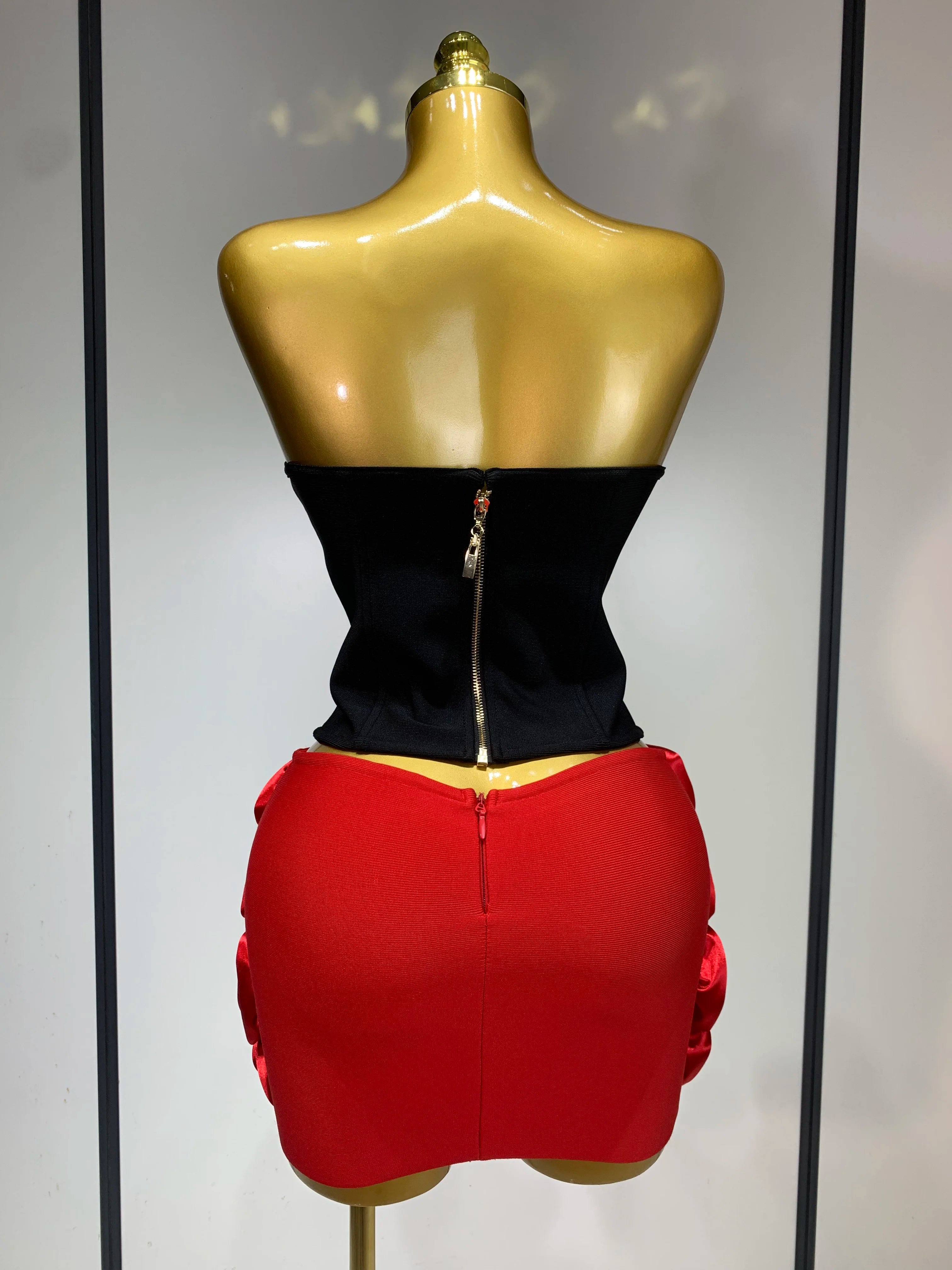 Women Fashion Strapless Red Flower Mini Two Pieces Skirt Bandage Set Celebrity Designer Fashion Stage Show Evening Party Outfit